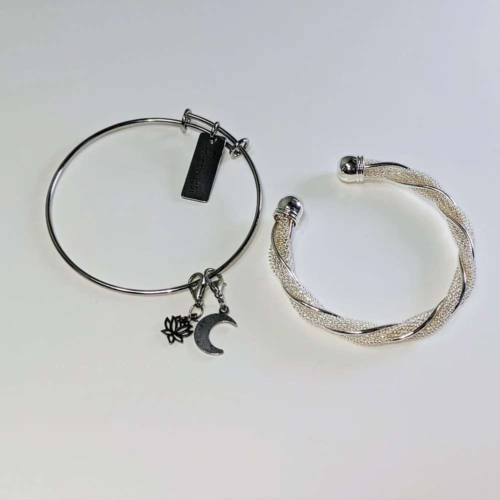 Silver Bracelets Mesh Cuff Bangle and Solid Charm Bangle Bracelets